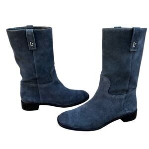 Larroude suede barb mid calf low heel boots blue grey Size 7.5 chic Preppy Lux